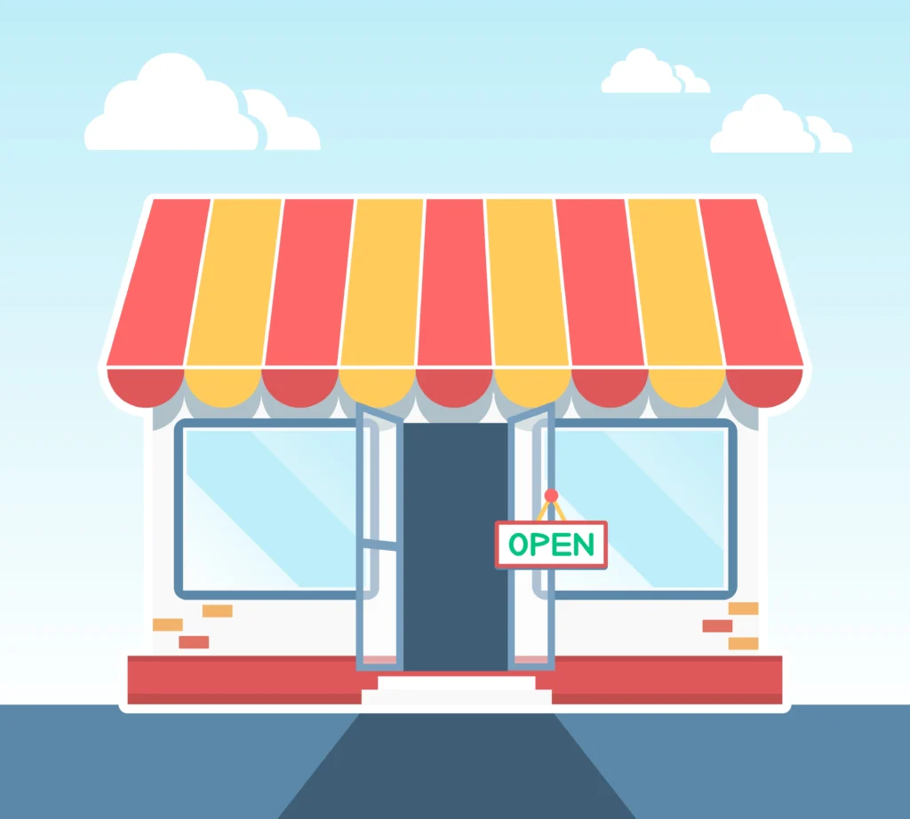 "Colorful storefront illustration with open sign for modern online shop"